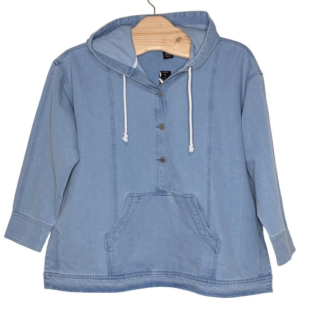 Ashley Stewart Denim Hoodie Pullover Blue Jean Front Kangaroo Pocket Size‎ 18/20